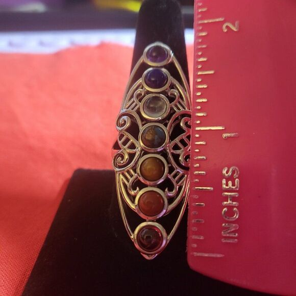 Multi Gemstone Seven Chakra Elongated Silver Ring - Picture 6 of 7